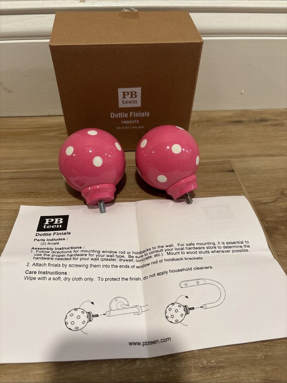 Pottery Barn Teen Dottie Finials Pink White Polka Dot Set Of 2 New In Open Box